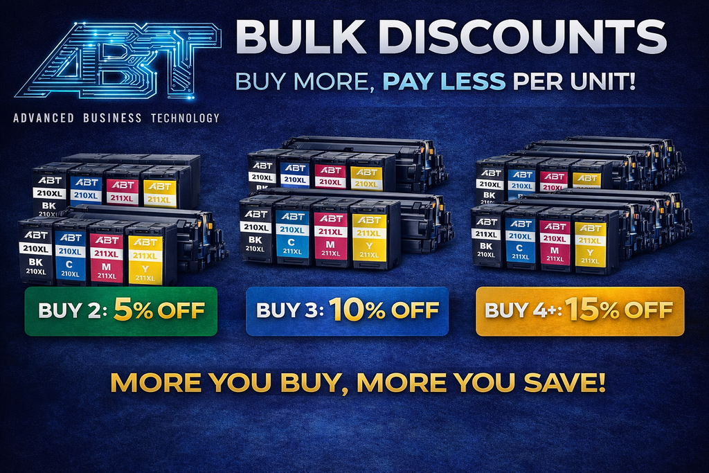 Promotion for bulk discounts with colorful graphics and discount tiers in blue, yellow, and black colors.