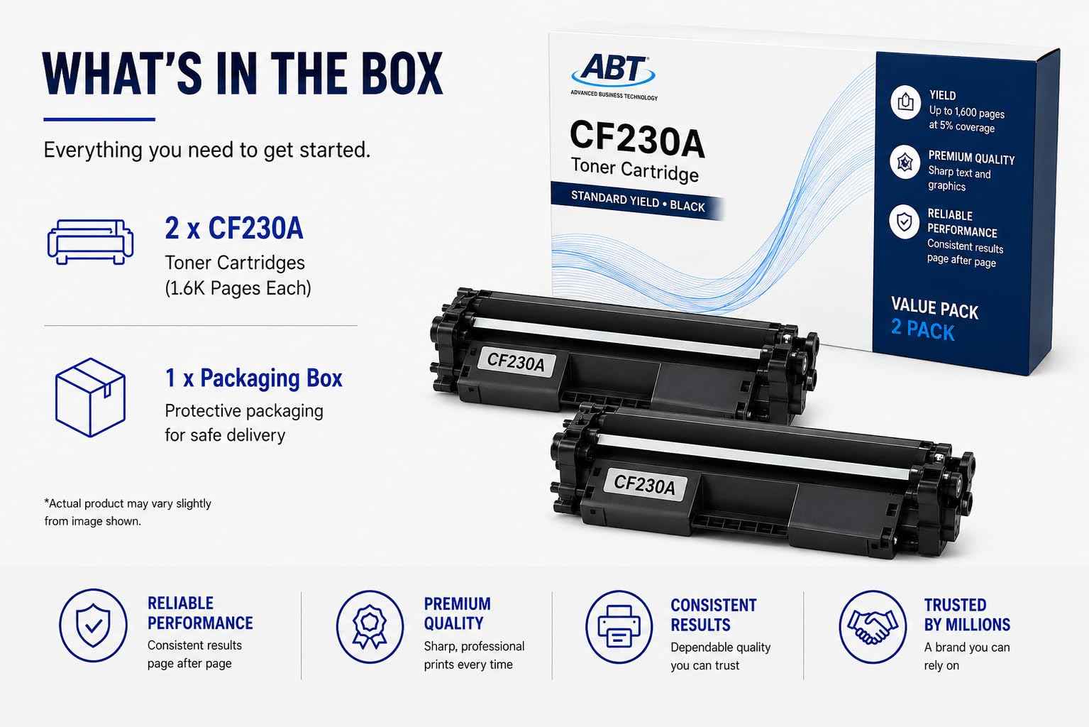 Detailed specifications on the packaging of ABT Compatible CF230A Toner Cartridge 2-Pack.