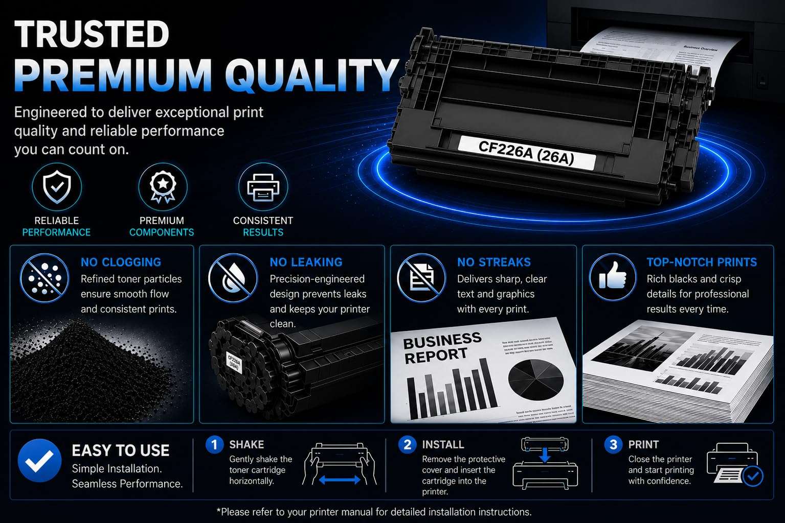 Infographic detailing features of ABT CF226A toner cartridges, highlighting premium quality and specifications.
