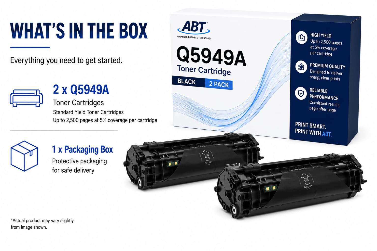 Front view of product box contents showing two black cartridges and instruction details.