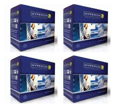 Packaging shot of four black toner cartridges for HP Laserjet M608dn, featuring blue and yellow colors.
