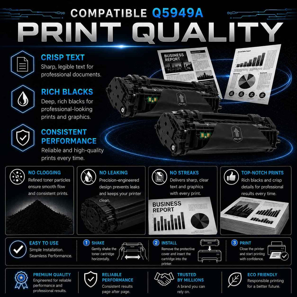 Front view of two black toner cartridges in packaging, emphasizing print quality.