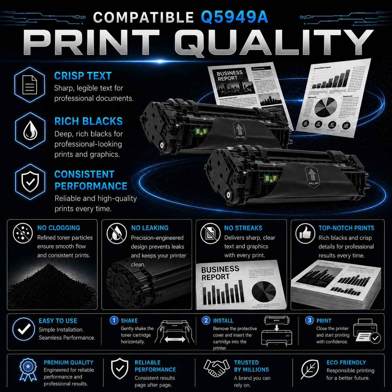 Front view of two black toner cartridges in packaging, emphasizing print quality.