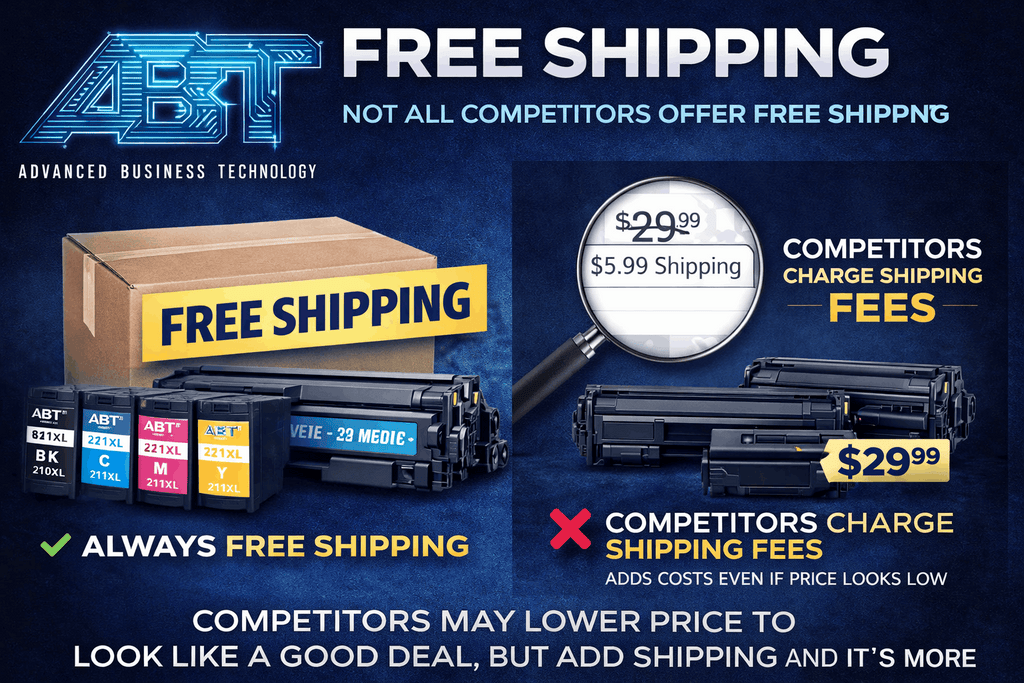 Toner cartridges with free-shipping offer layout and price comparison badge