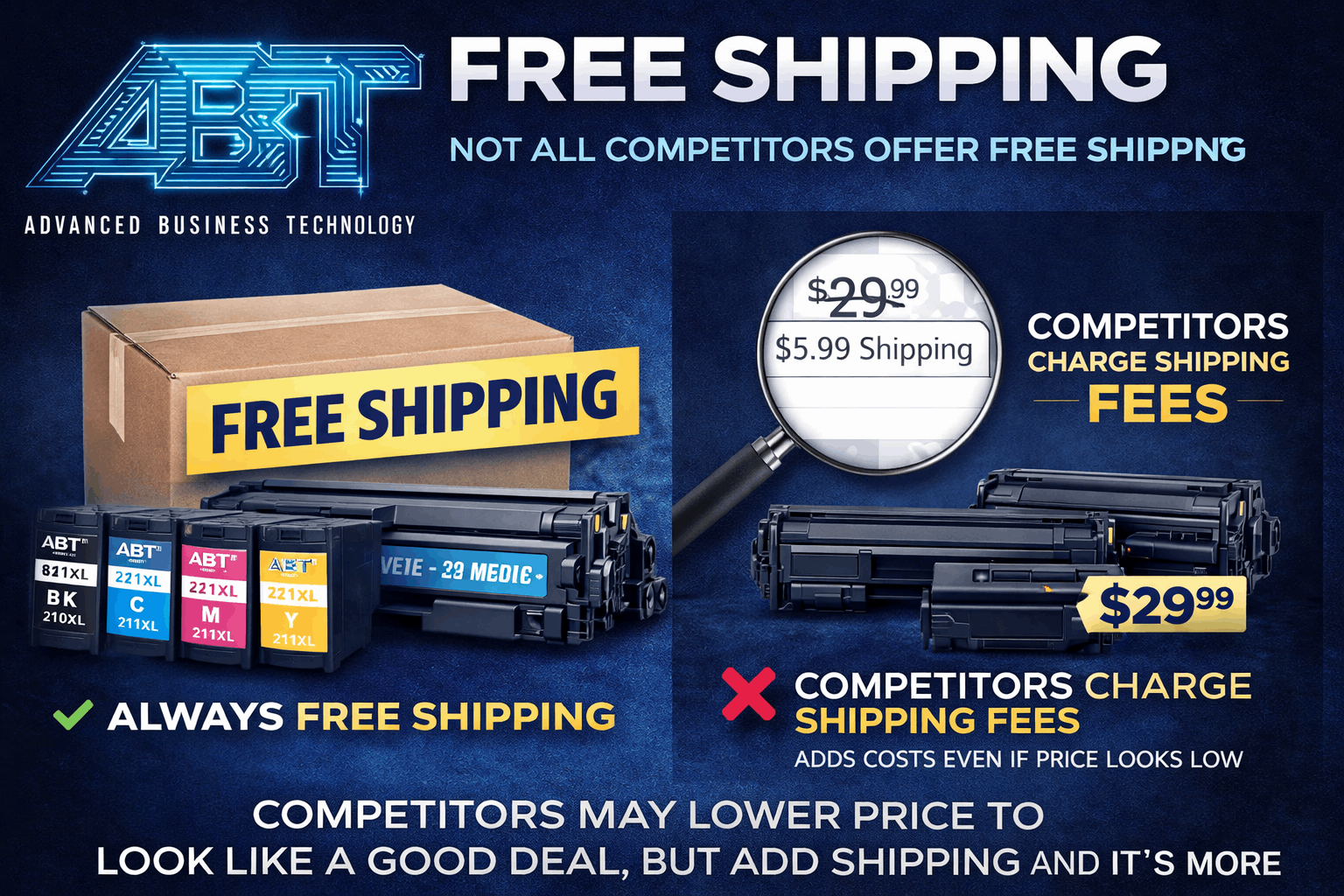 Promotion of free shipping, highlighting always free delivery with brown, blue, and white colors.