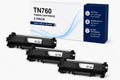 Packaging view of three black TN760 toner cartridges from ABT, featuring box design.