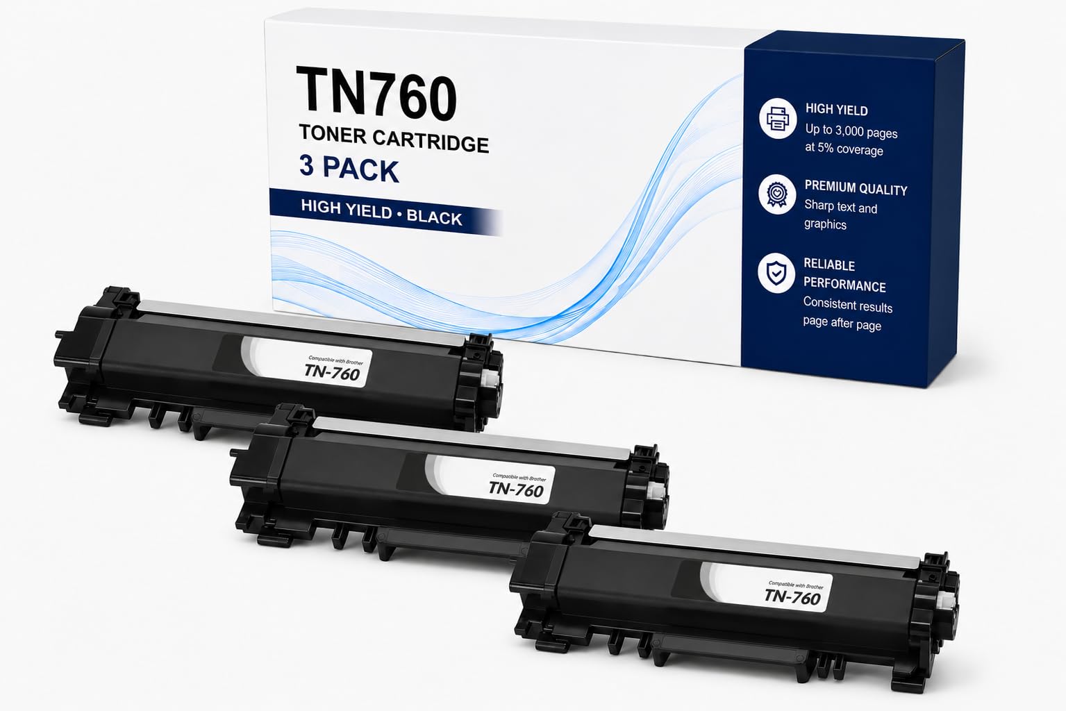 Packaging view of three black TN760 toner cartridges from ABT, featuring box design.