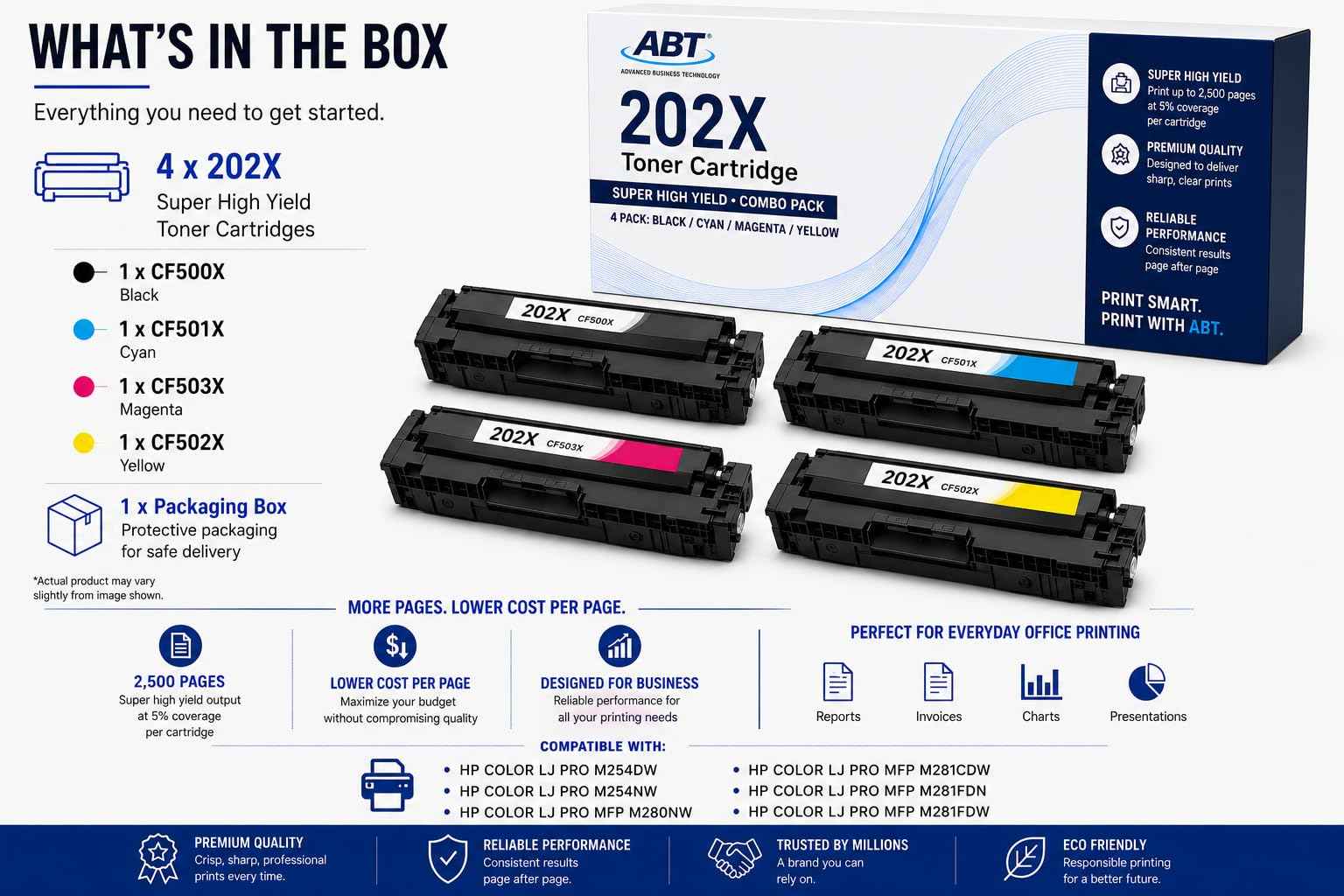 Front view of ABT compatible toner combo pack highlighting four cartridges: black, cyan, yellow, magenta on a white backgr…
