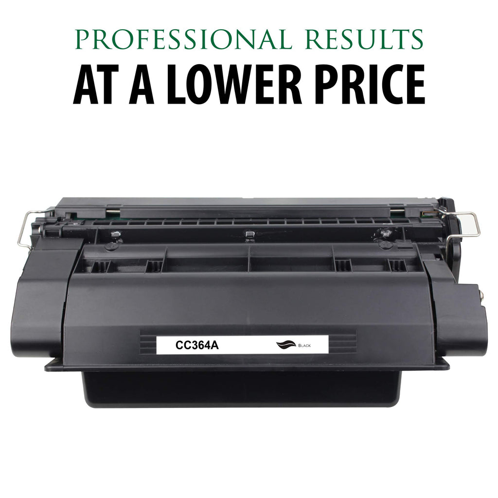 Black toner cartridge with CC364A label, close-up front view