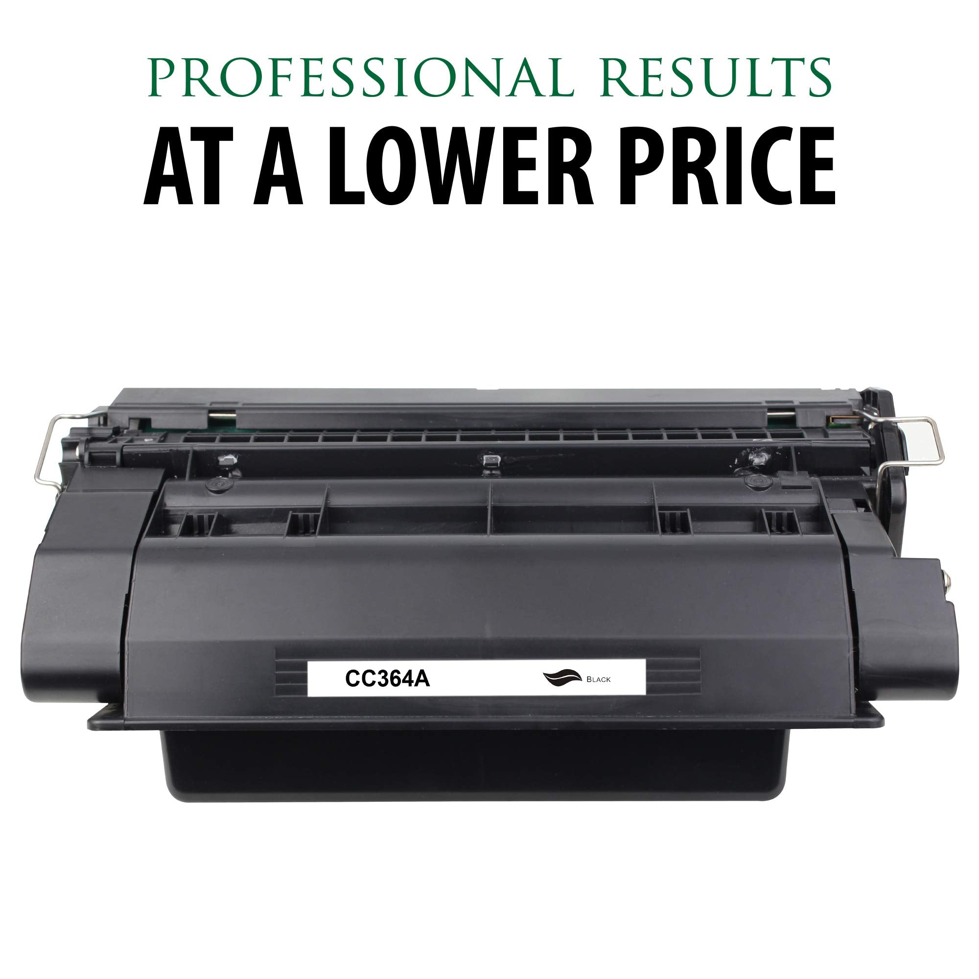 Black toner cartridge with CC364A label, close-up front view