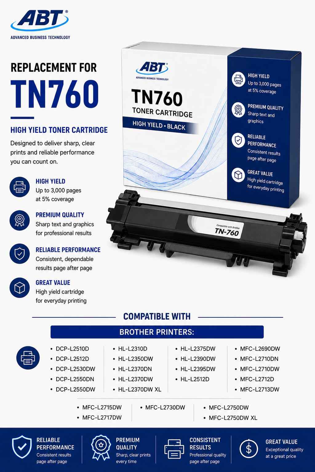 Detail close-up of a single black TN760 toner cartridge with label.