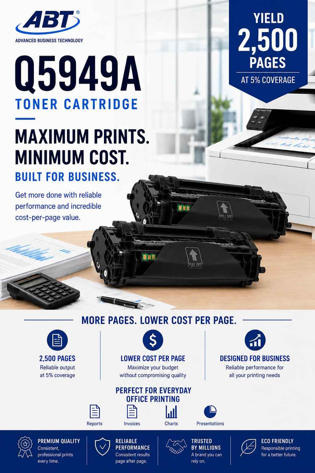 Front view of two black toner cartridges in packaging, showcasing print quality details.