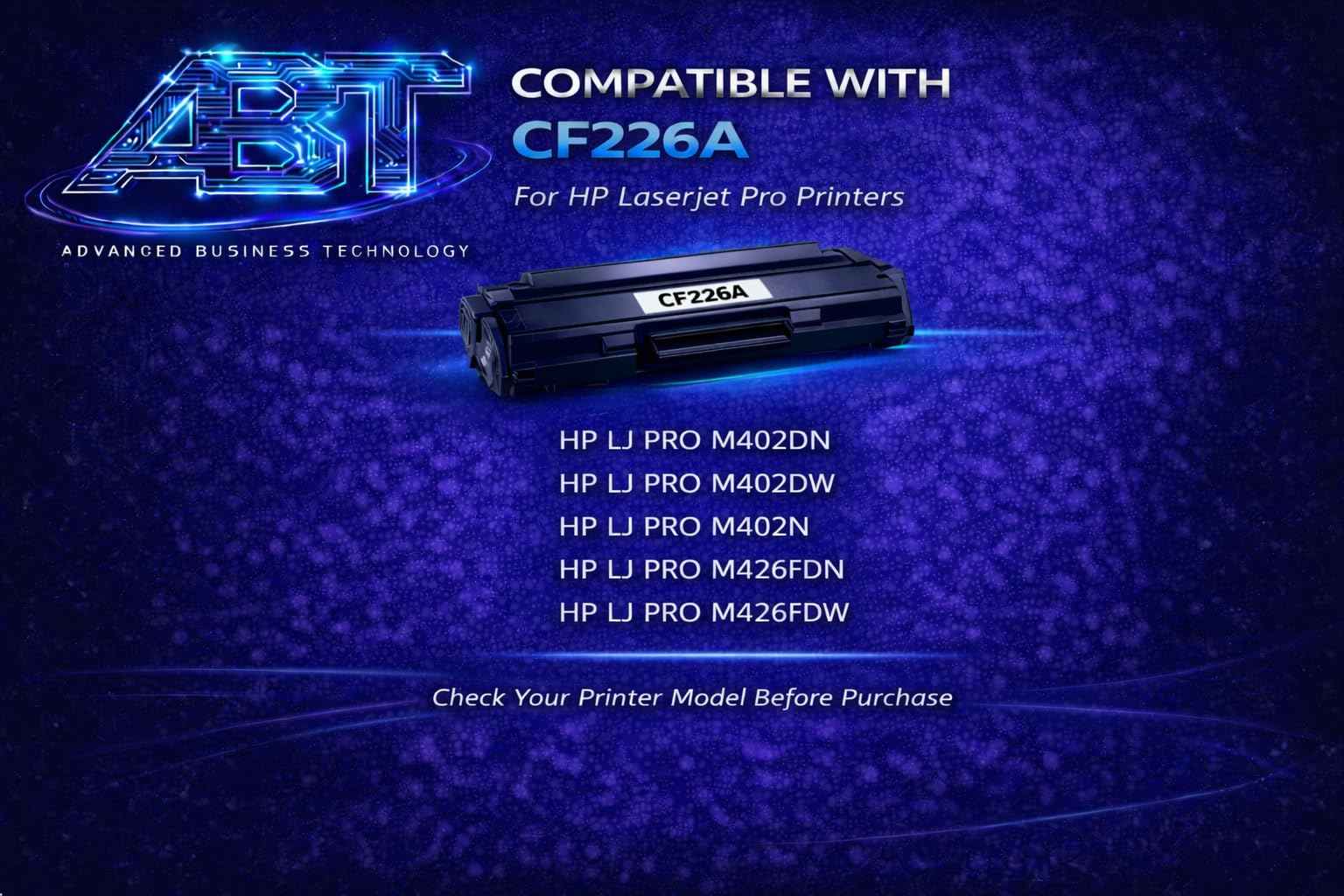 Side view of black and blue ABT compatible CF226A toner cartridge showcasing high performance.