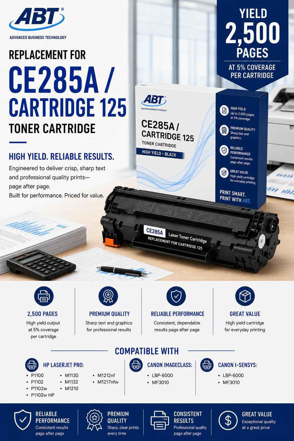 Detail close-up of ABT Compatible CE285A toner cartridge specifications on packaging in black, blue, and white.