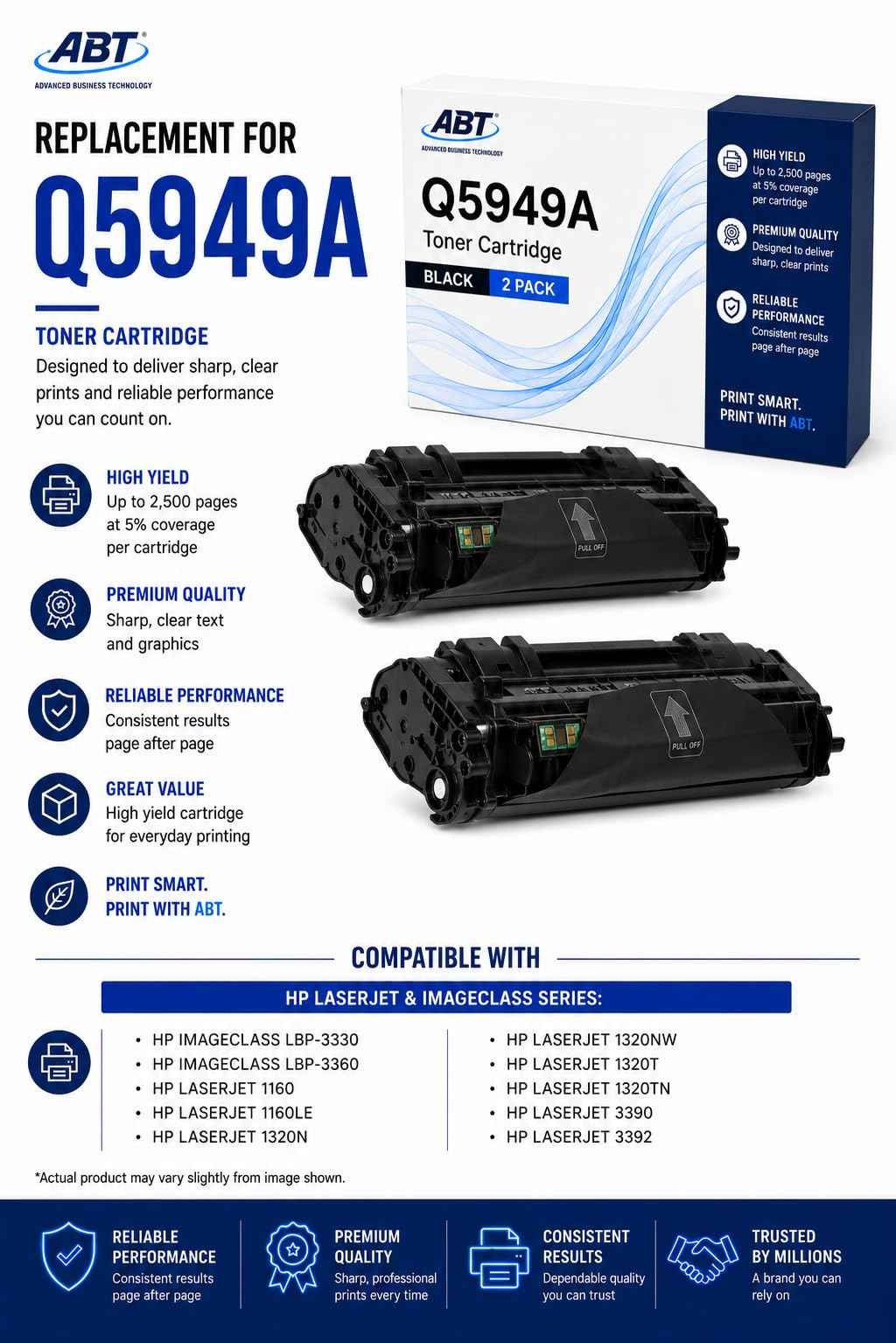 Front view of two black toner cartridges in packaging, highlighting detailed specifications.