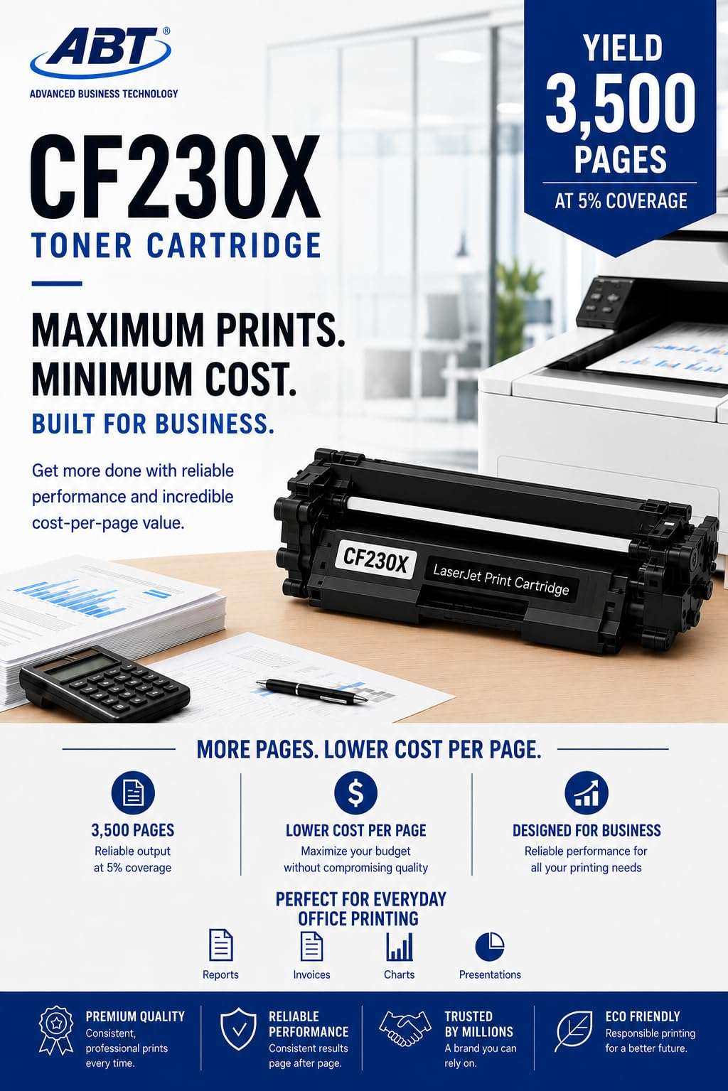 Detail close-up of print quality information for CF230X compatible cartridges, highlighting high-quality prints on a black…