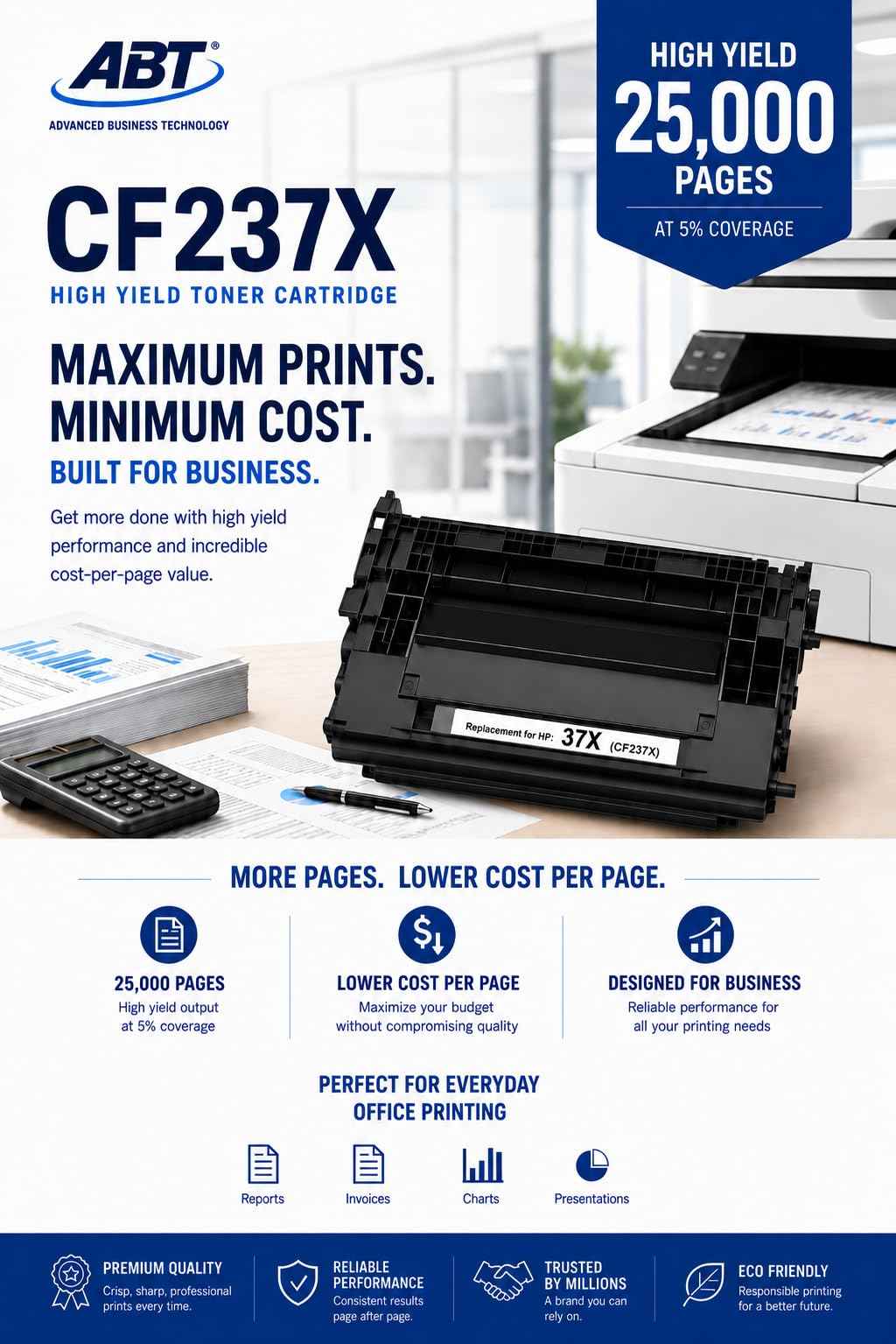 Front view of the ABT compatible CF237X toner cartridge packaging featuring high yield replacement.