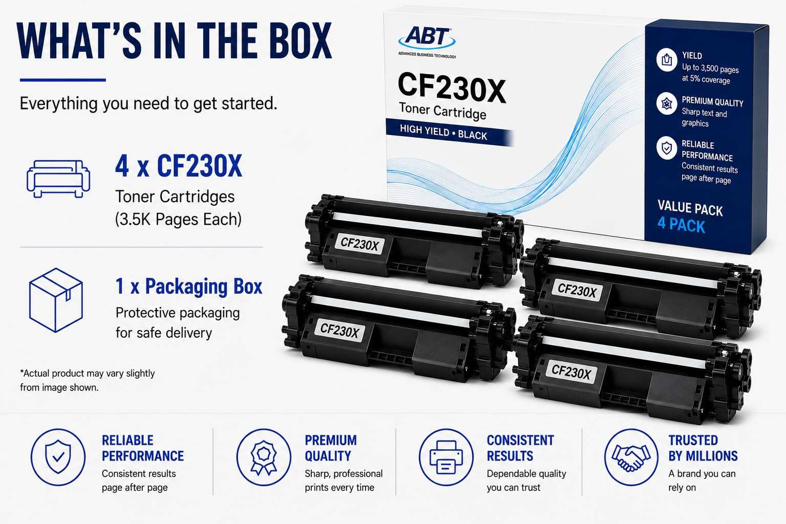 Packaging shot of the OTENA product box containing four toner units, detailed description visible on a white background.