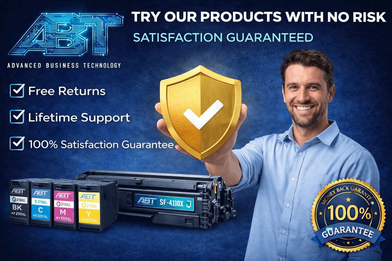 Lifestyle shot highlighting satisfaction guarantee with free returns and lifetime support, featuring blue and yellow colors.