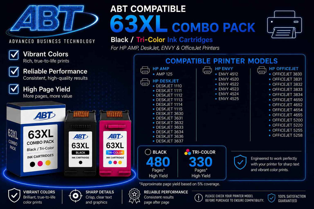 ABT Compatible 63XL Ink Cartridge Combo Pack Replacement for HP 63XL Black and Tri-Color Ink Cartridges High Yield 480 Black 330 Tri-Color Works with DeskJet 3630 OfficeJet 4655 ENVY 4520
