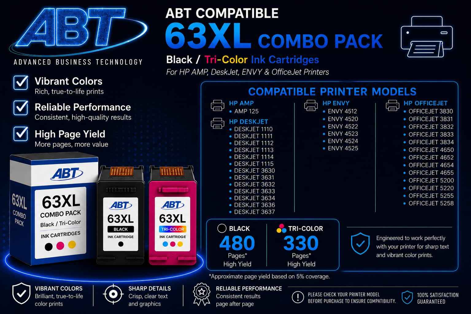 ABT Compatible 63XL Ink Cartridge Combo Pack Replacement for HP 63XL Black and Tri-Color Ink Cartridges High Yield 480 Black 330 Tri-Color Works with DeskJet 3630 OfficeJet 4655 ENVY 4520