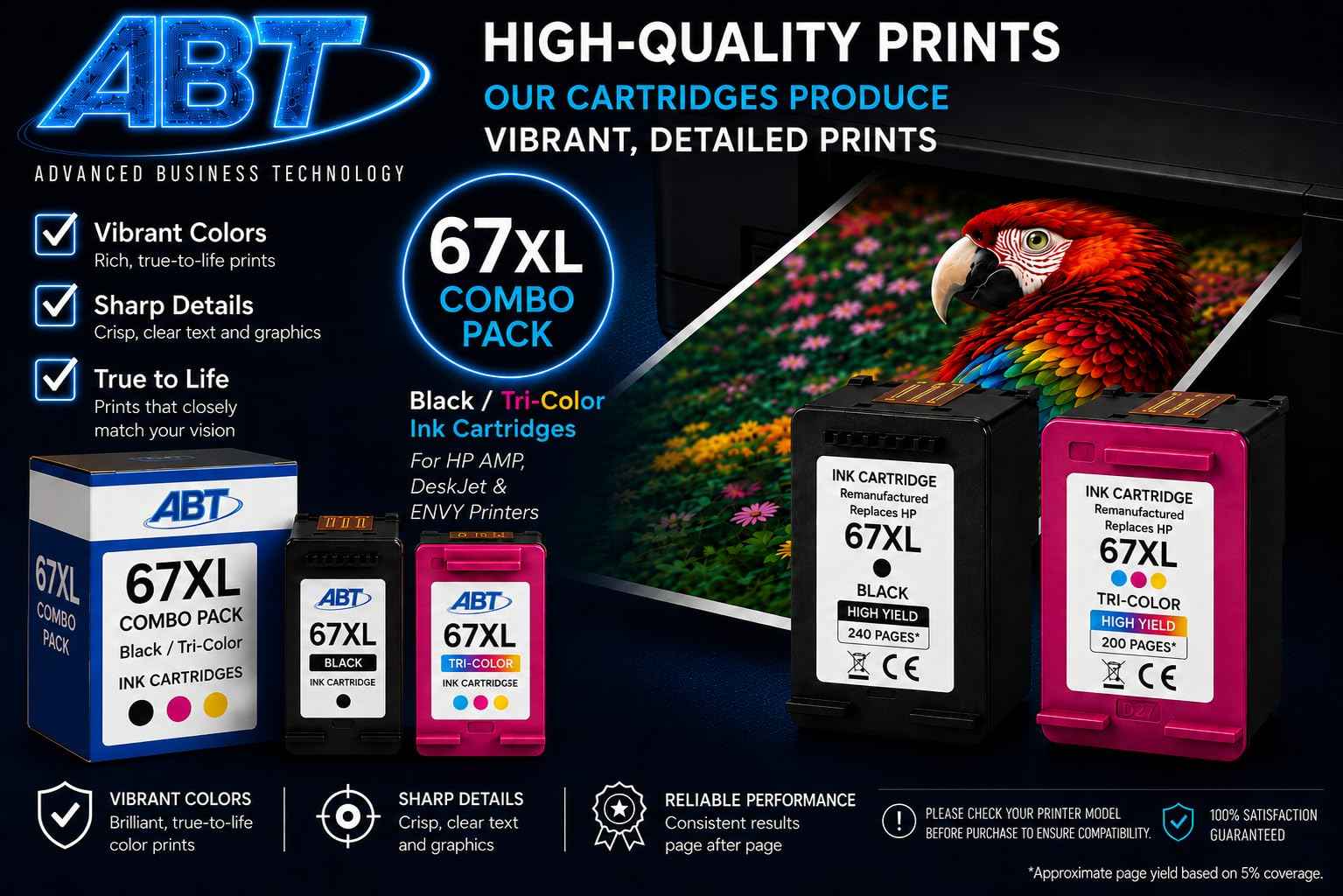 ABT Compatible 67XL Ink Cartridge Combo Pack Replacement for HP 67XL Black and Tri-Color Ink Cartridges High Yield 240 Black 200 Tri-Color Works with DeskJet 2755e ENVY 6455e