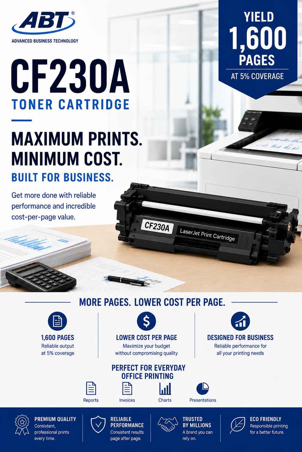 Close-up of a black CF230A toner cartridge, showcasing print quality features against a black background.