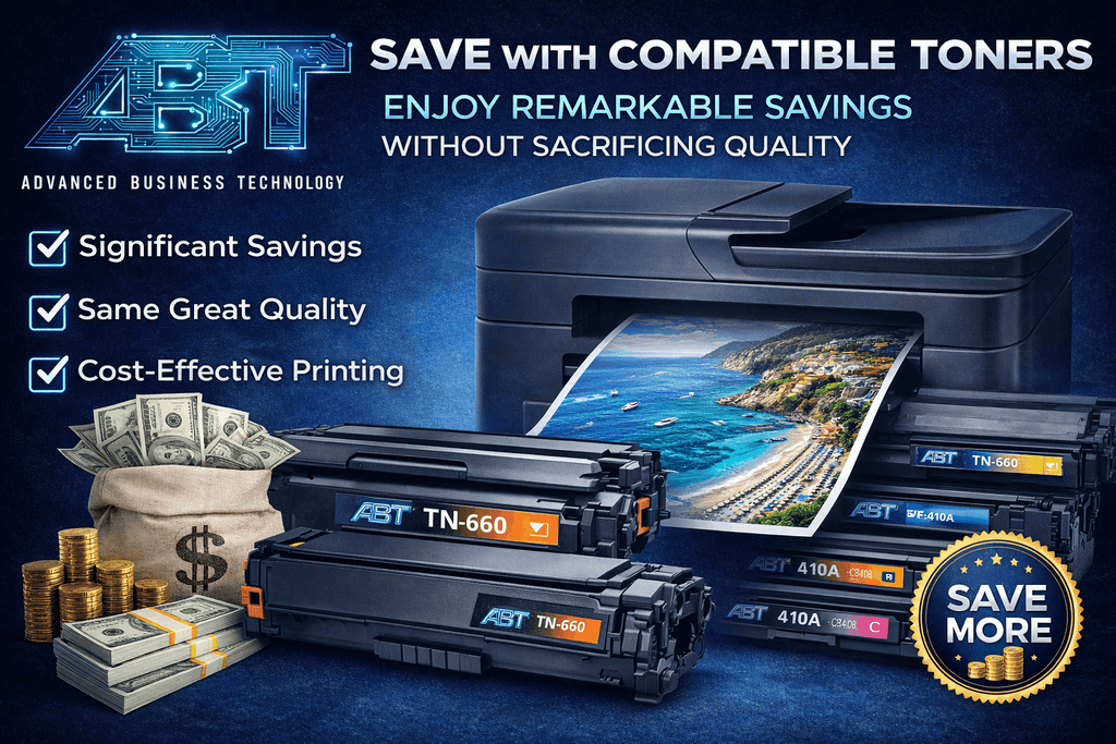 Lifestyle image showcasing savings with compatible toners, emphasizing cost-effective printing with blue and green colors.