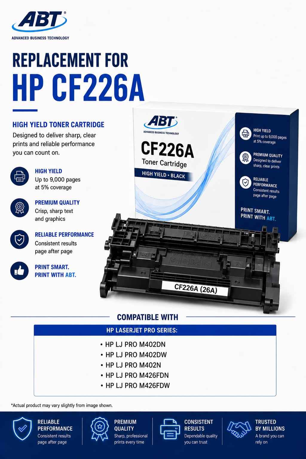 Front view of ABT CF226A toner cartridge 3-pack packaging in blue and white, compatible with HP printers.