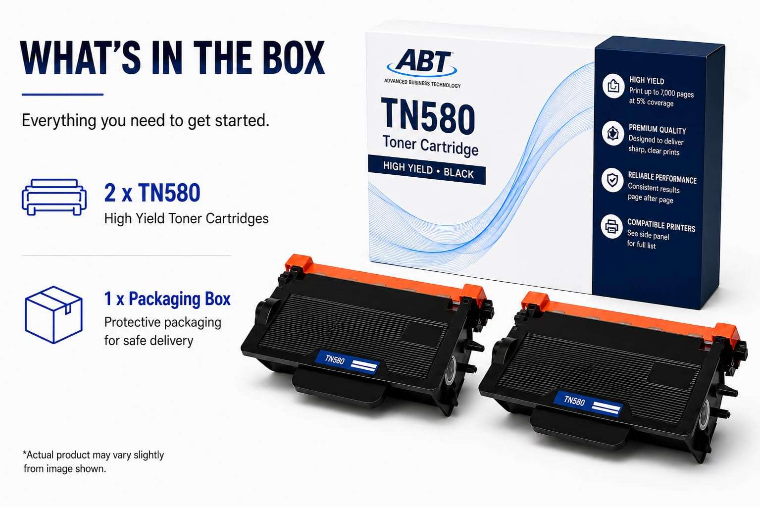 Packaging view showing contents of ABT TN580 toner cartridge box, including two cartridges and manual.