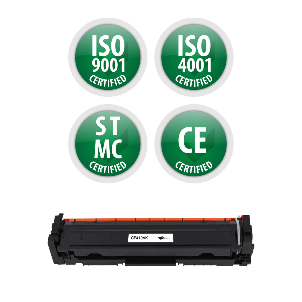 Black toner cartridge with ISO and CE certification badges