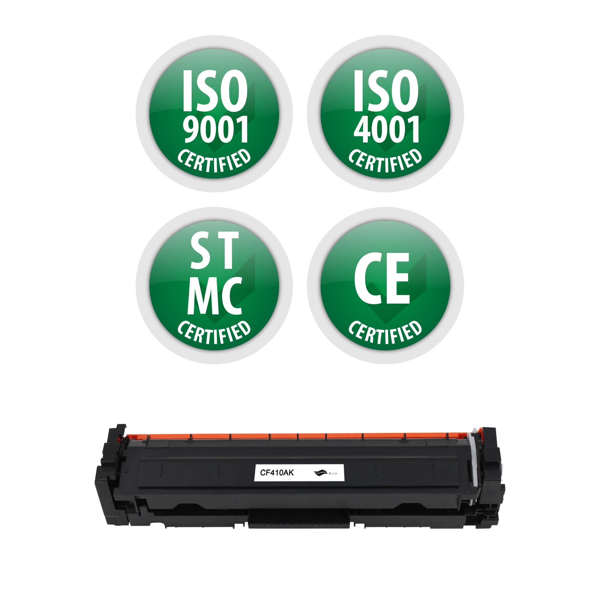 Black toner cartridge with ISO and CE certification badges