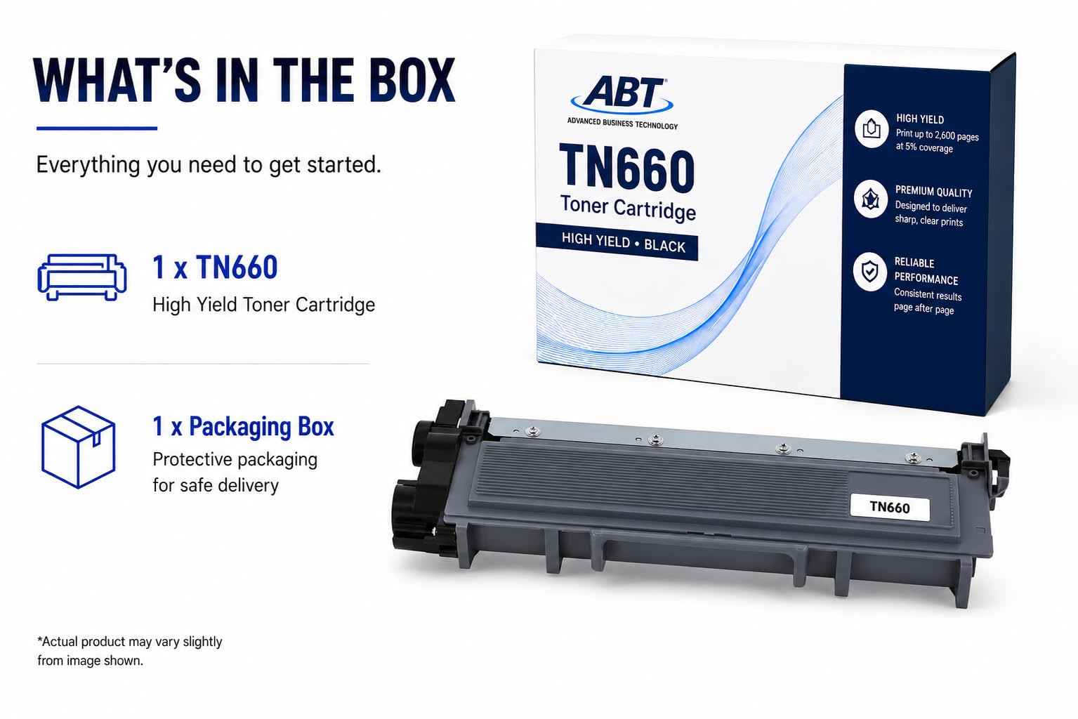 Front view of ABT TN660 toner cartridge packaging highlighting up to 2,600 pages in black and white.
