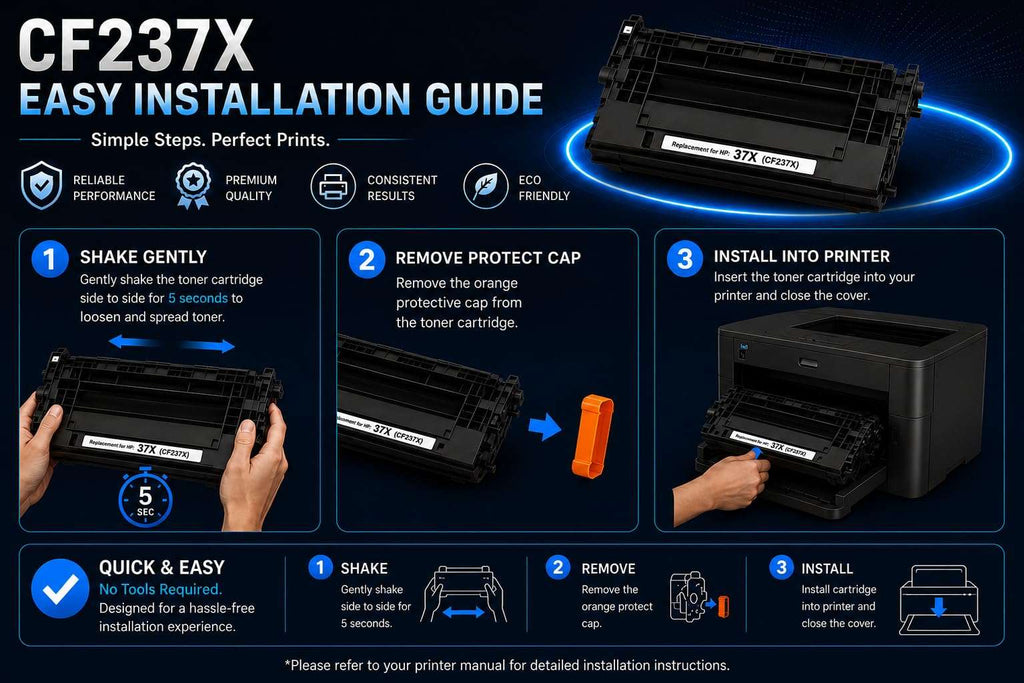 Installation guide for ABT CF237X toner cartridge with easy step-by-step instructions on a solid background.