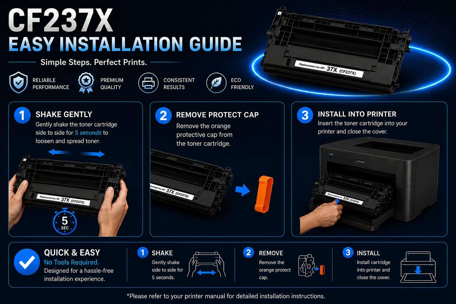 Installation guide for ABT CF237X toner cartridge with easy step-by-step instructions on a solid background.