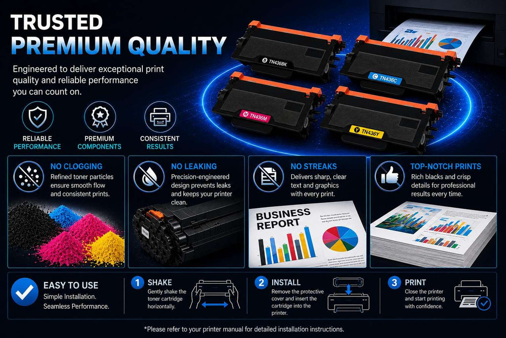 Front view of various product packaging with colorful graphics and quality assurance details on a solid-color background.