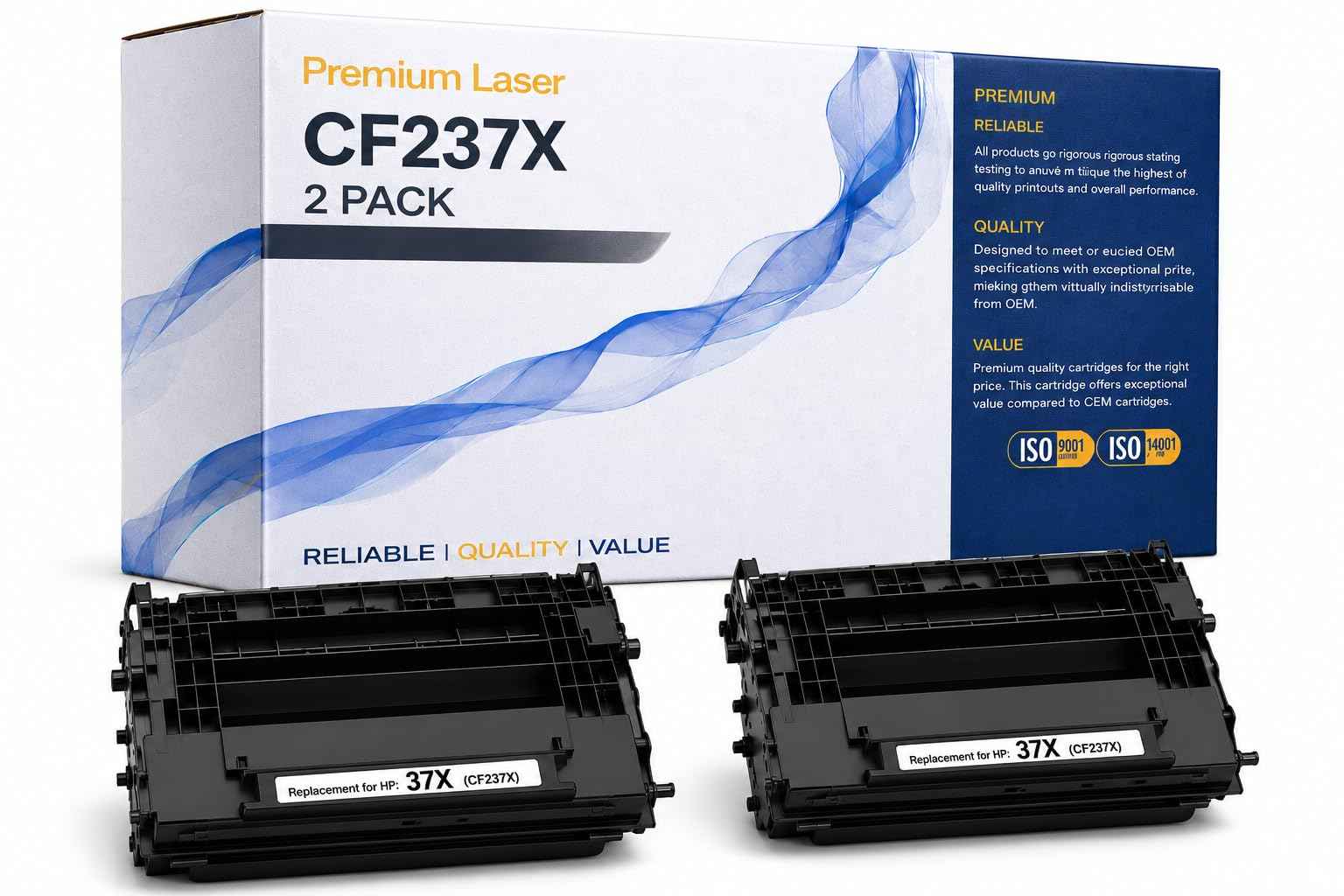 Front view of ABT CF237X toner cartridge 2-pack in box packaging, featuring black and blue colors.