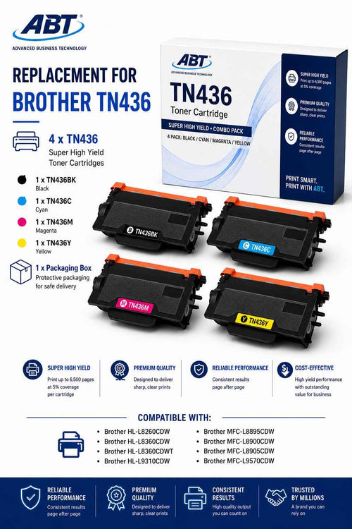 Compatible TN436 toner cartridges set with four colors laid out in box