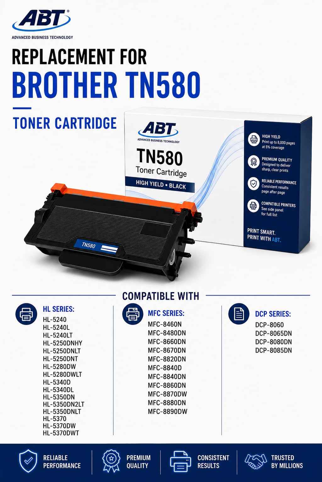 Packaging view of ABT TN580 toner cartridge replacement, highlighting compatibility with Brother TN360.