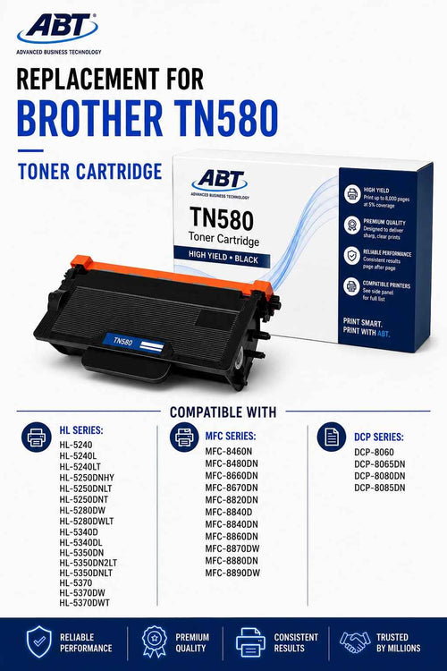 TN580 toner cartridge packaging with two black cartridges and ABT TN580 high yield box