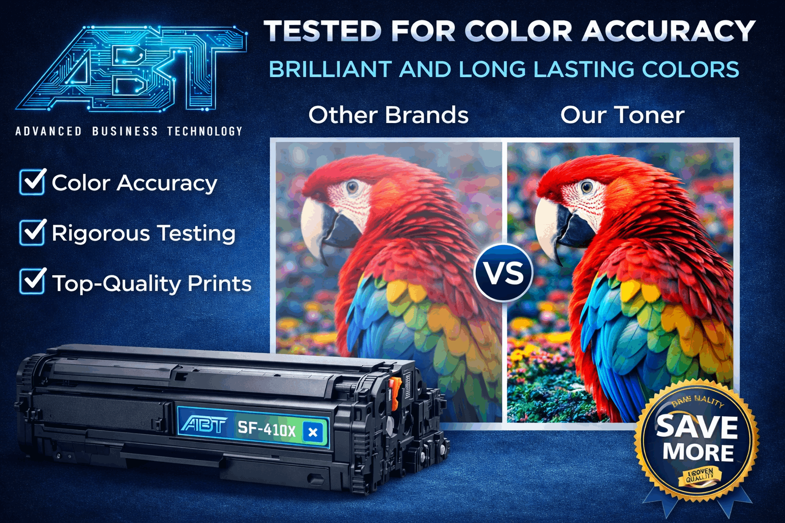 Image demonstrating color accuracy with vibrant colors, showcasing tested quality in blue, red, and yellow.