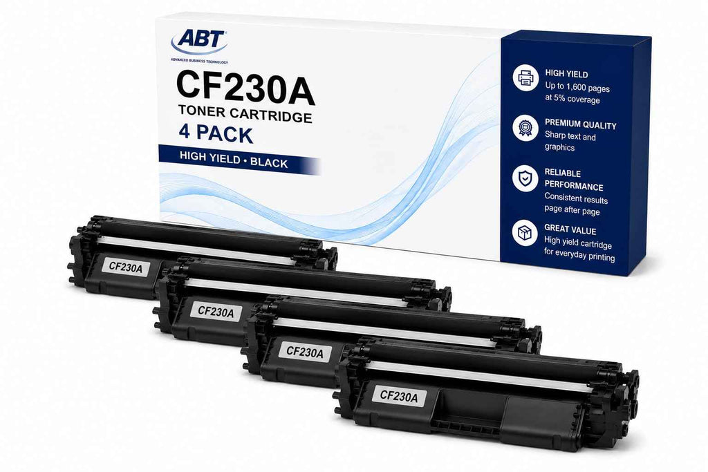 Packaging of ABT Compatible CF230A toner cartridge 4-pack, showing four black cartridges on a white background.