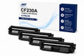 Packaging of ABT Compatible CF230A toner cartridge 4-pack, showing four black cartridges on a white background.