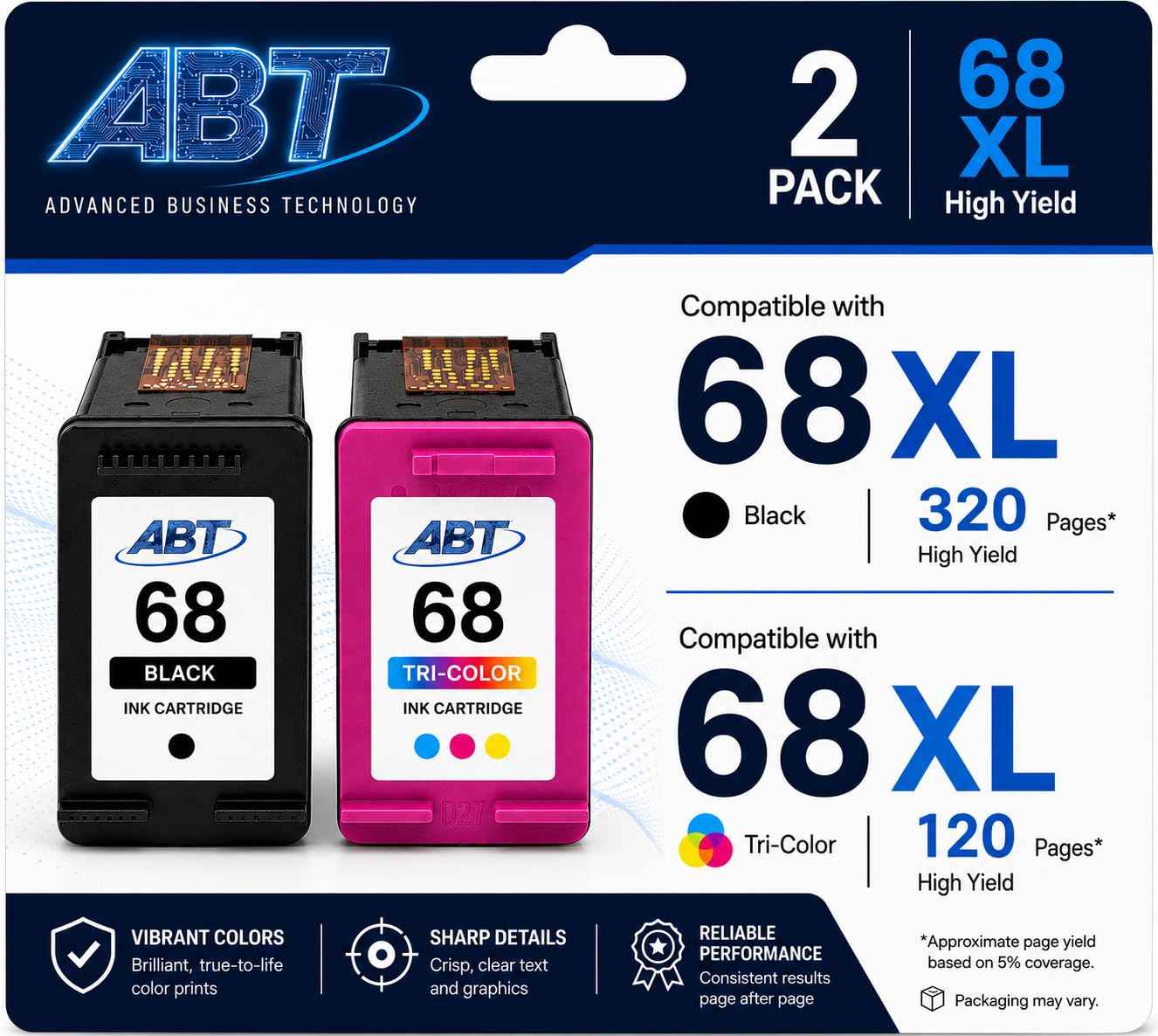 ABT Compatible 68 Ink Cartridge Combo Pack Replacement for HP 68 and 68XL Black Tri-Color Ink Cartridges High Yield 320 Black 120 Tri-Color Works with ENVY 6155e 6165e 6555e 6558e