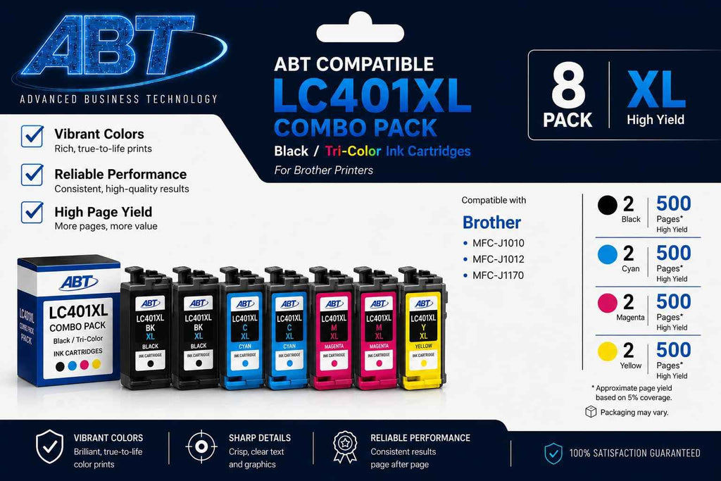 ABT Compatible LC401XL Ink Cartridge Combo Pack 2 Pack Replacement for Brother LC401XL Black Cyan Magenta Yellow Ink Cartridges High Yield Works with MFC-J1010DW MFC-J1012DW MFC-J1170DW