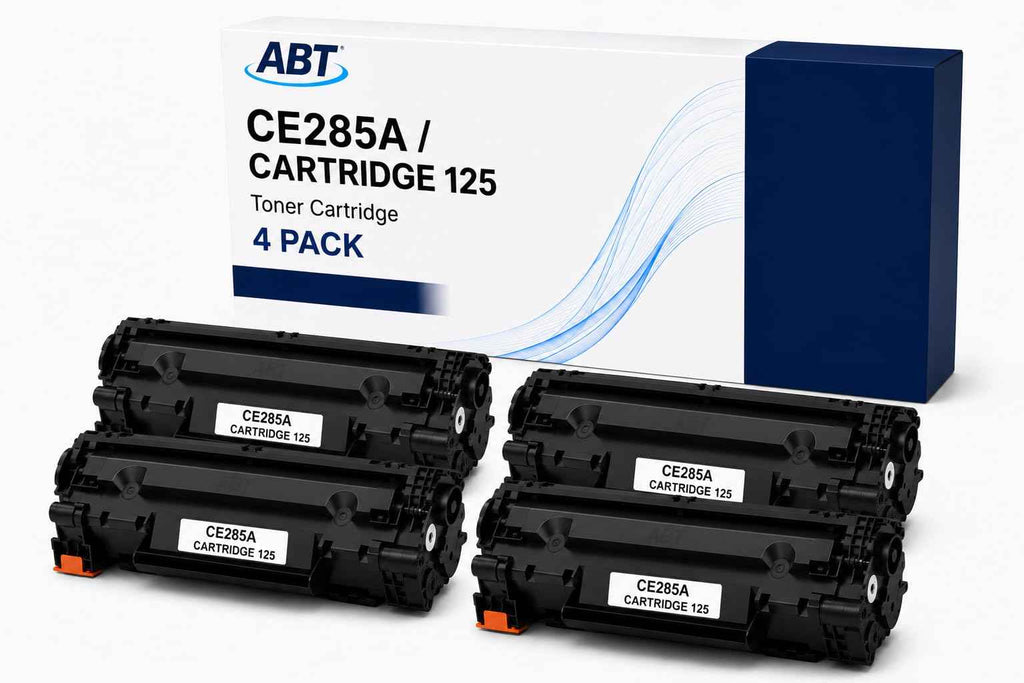 Packaging of ABT Compatible CE285A toner cartridge 4-pack in black, blue, and white colors.