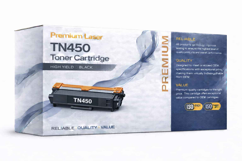 Retail box for TN450 high yield black toner cartridge, compatible with Brother laser printers, showing product features.