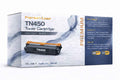 Retail box for TN450 high yield black toner cartridge, compatible with Brother laser printers, showing product features.