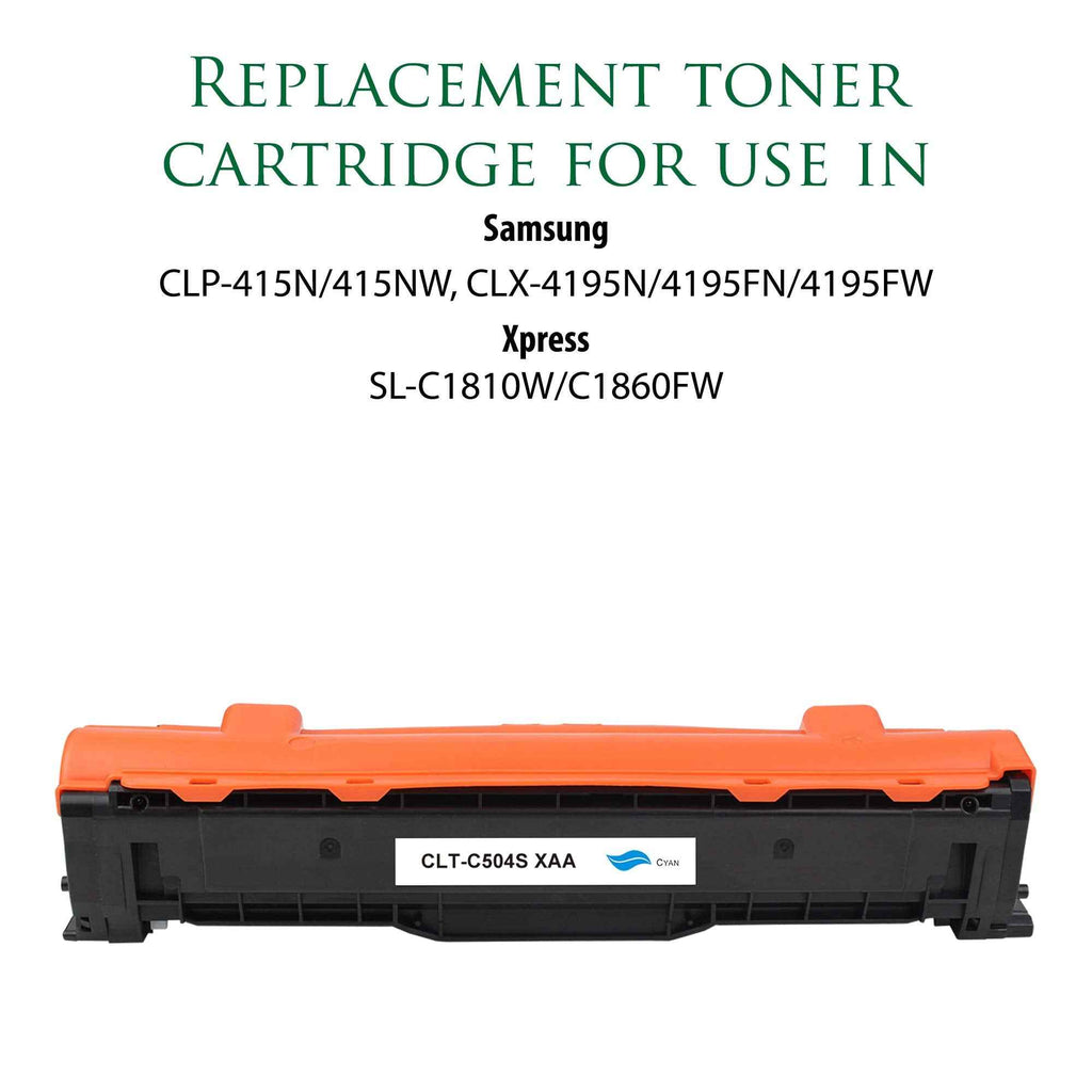 Cyan toner cartridge with orange top and black body, front view