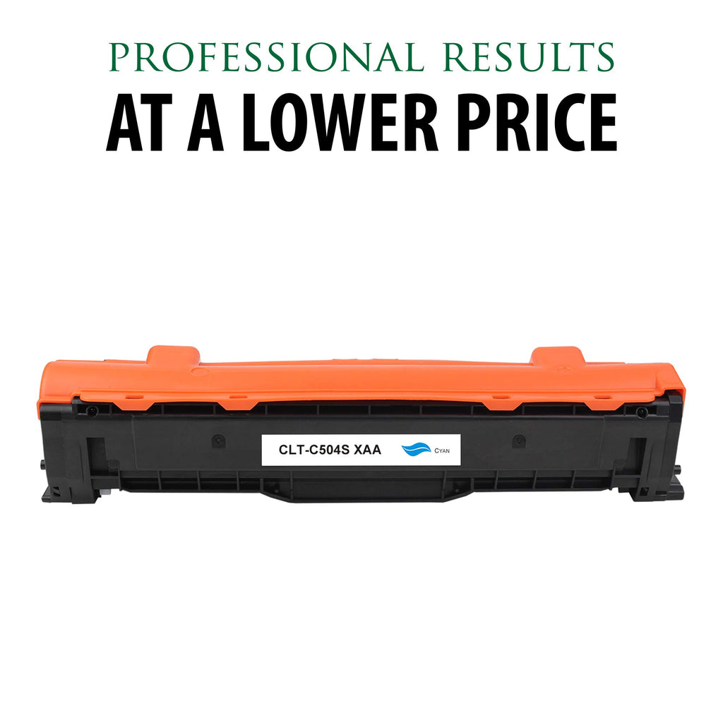 Cyan toner cartridge with orange top and black body, side profile
